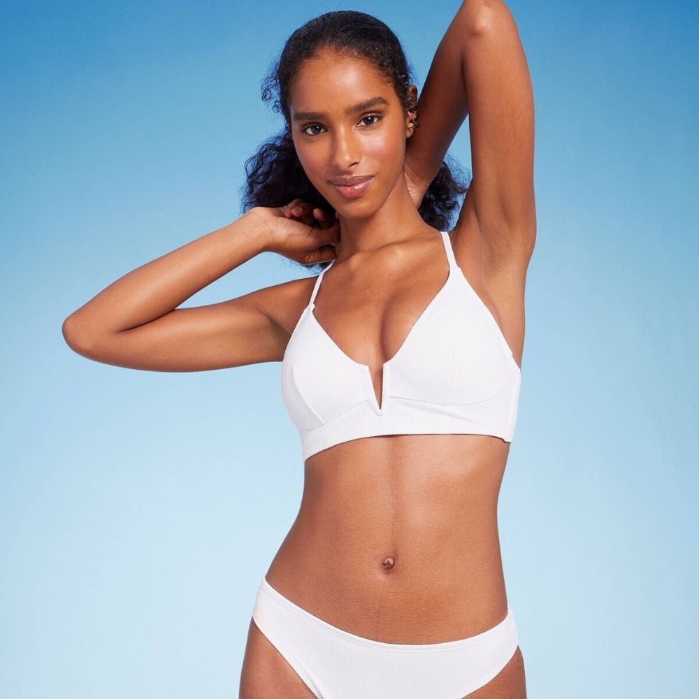 Women's Ribbed Longline V-Wire Bikini Top - Shade & Shore White 34DD